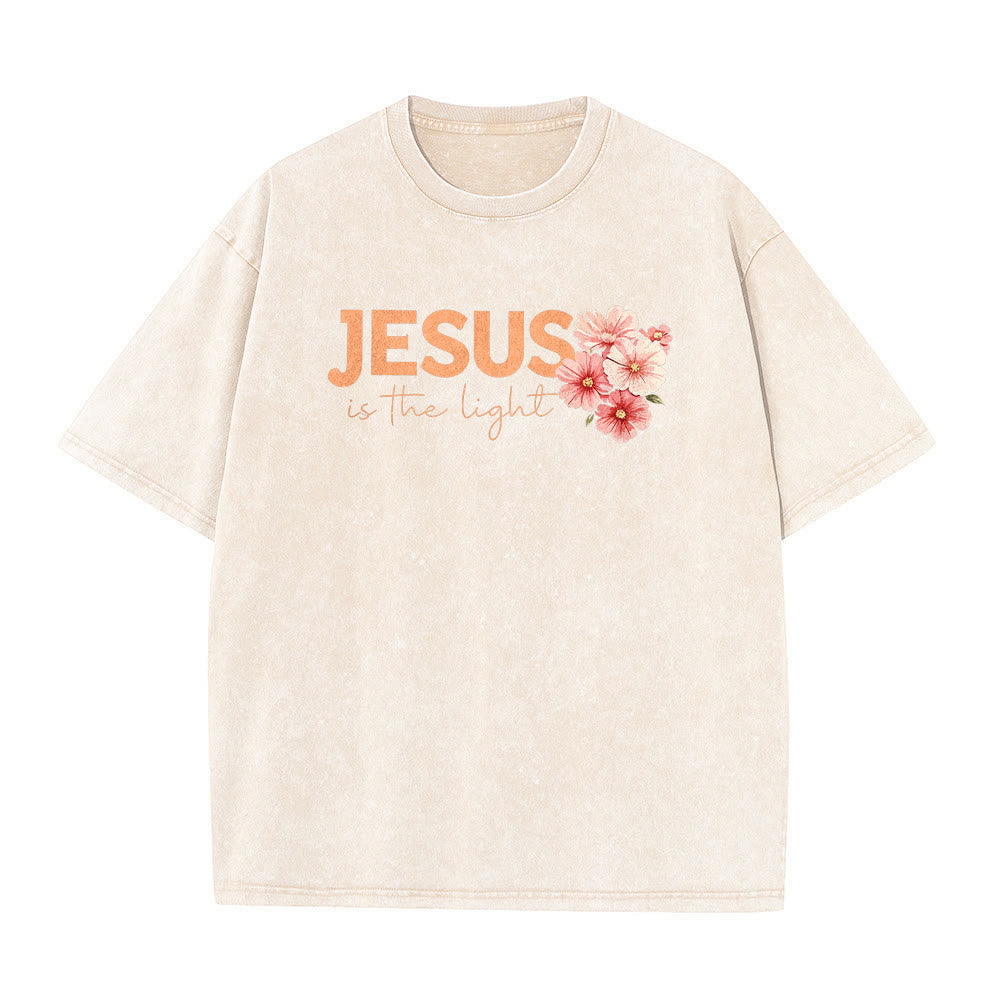 Christianartworkshop Jesus Is The Light Double Sided Floral Cross Graphic Washed Unisex T-Shirt