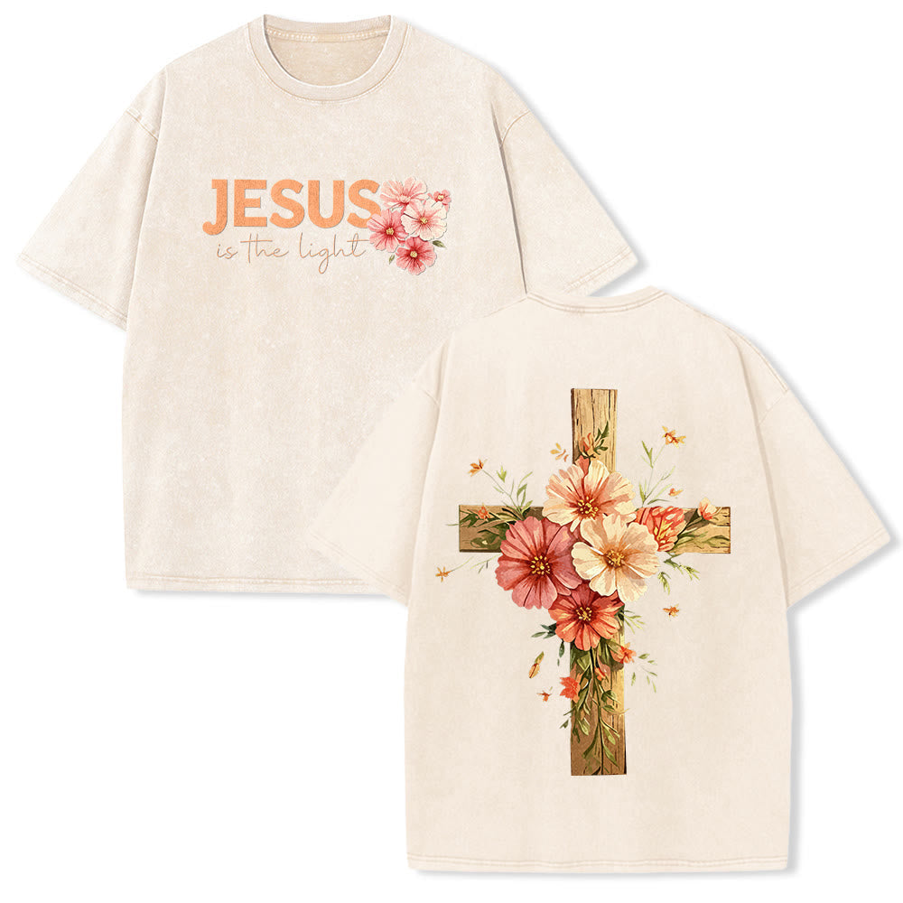 Christianartworkshop Jesus Is The Light Double Sided Floral Cross Graphic Washed Unisex T-Shirt