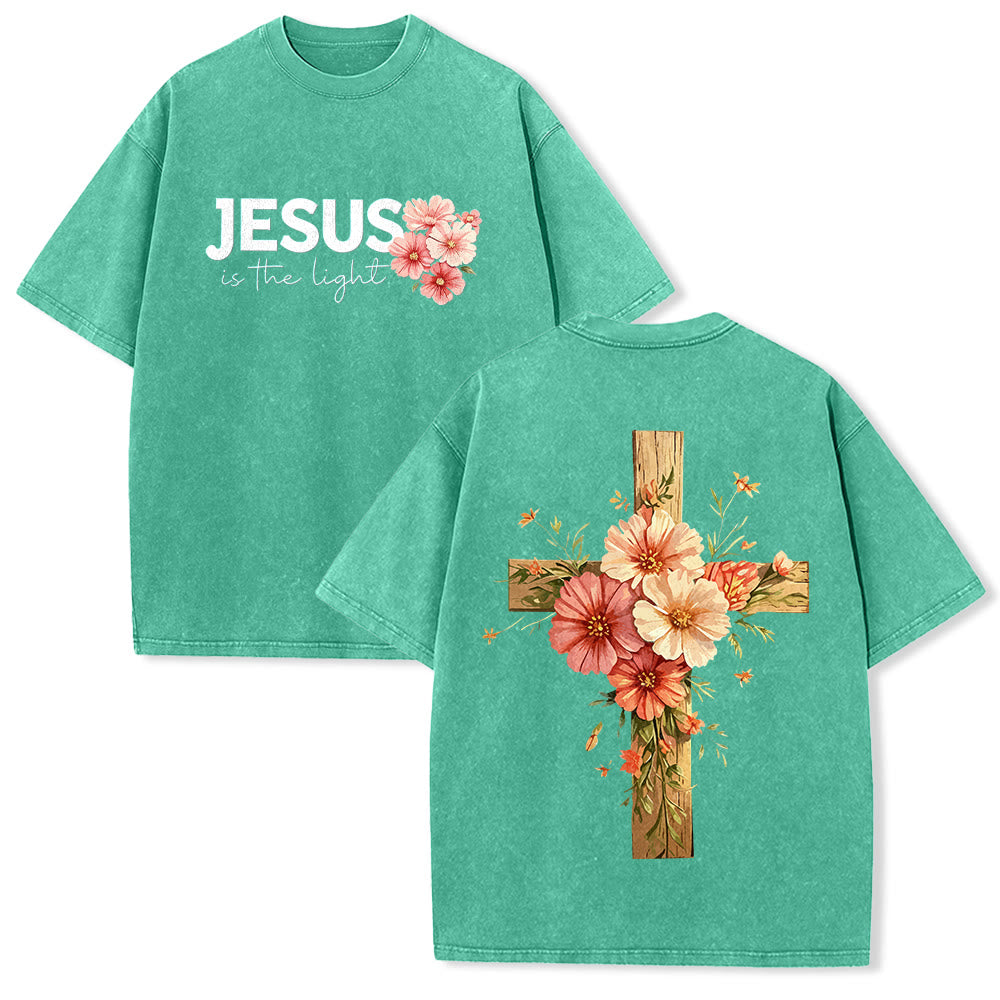 Christianartworkshop Jesus Is The Light Double Sided Floral Cross Graphic Washed Unisex T-Shirt