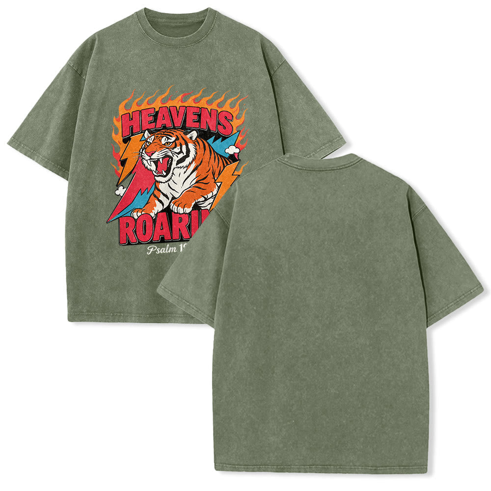 Christianartworkshop Heavens Roaring Tiger Flame Lightning Psalm 19:1 Retro Washed Unisex T-Shirt