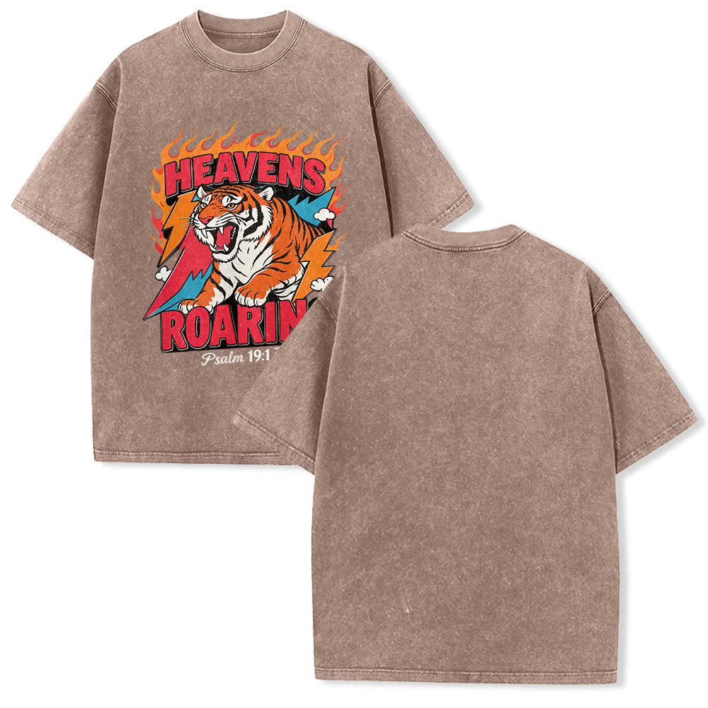 Christianartworkshop Heavens Roaring Tiger Flame Lightning Psalm 19:1 Retro Washed Unisex T-Shirt