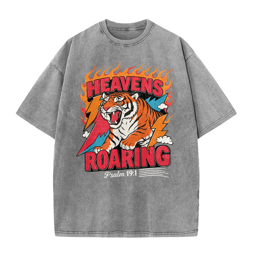 Christianartworkshop Heavens Roaring Tiger Flame Lightning Psalm 19:1 Retro Washed Unisex T-Shirt