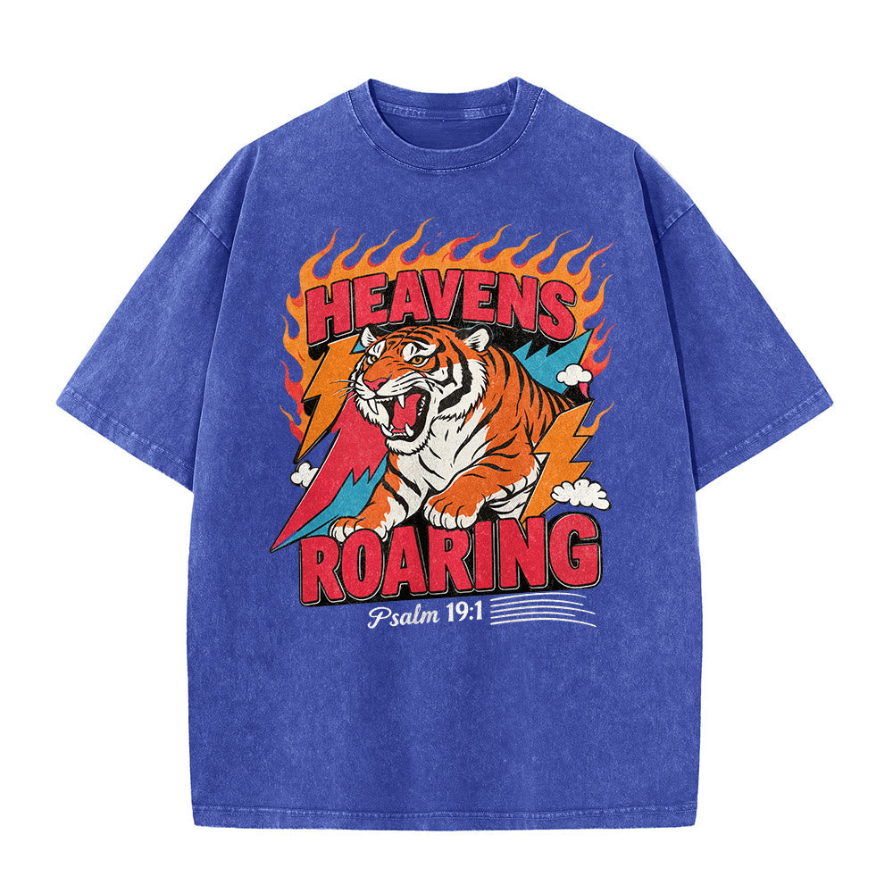 Christianartworkshop Heavens Roaring Tiger Flame Lightning Psalm 19:1 Retro Washed Unisex T-Shirt