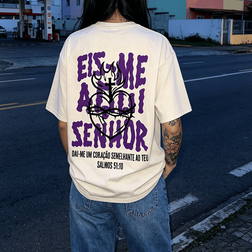 Christianartworkshop Portuguese Spiritual Phrase Thorn Sacred Heart Cross Flame Back Graphic Washed Unisex T-Shirt