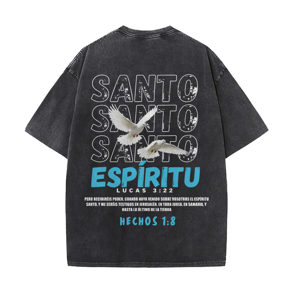 Christianartworkshop Spanish Holy Spirit Slogan Double Dove Distressed Font Back Graphic Washed Unisex T-Shirt