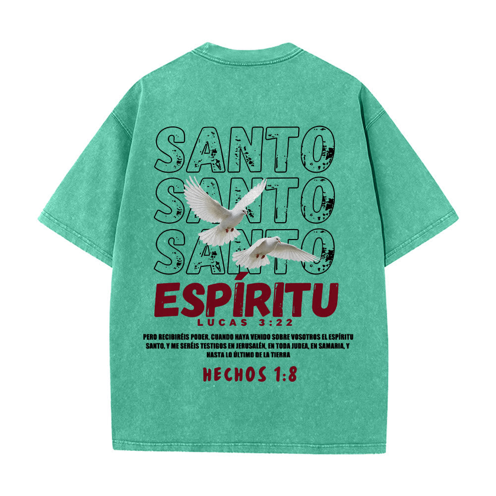Christianartworkshop Spanish Holy Spirit Slogan Double Dove Distressed Font Back Graphic Washed Unisex T-Shirt