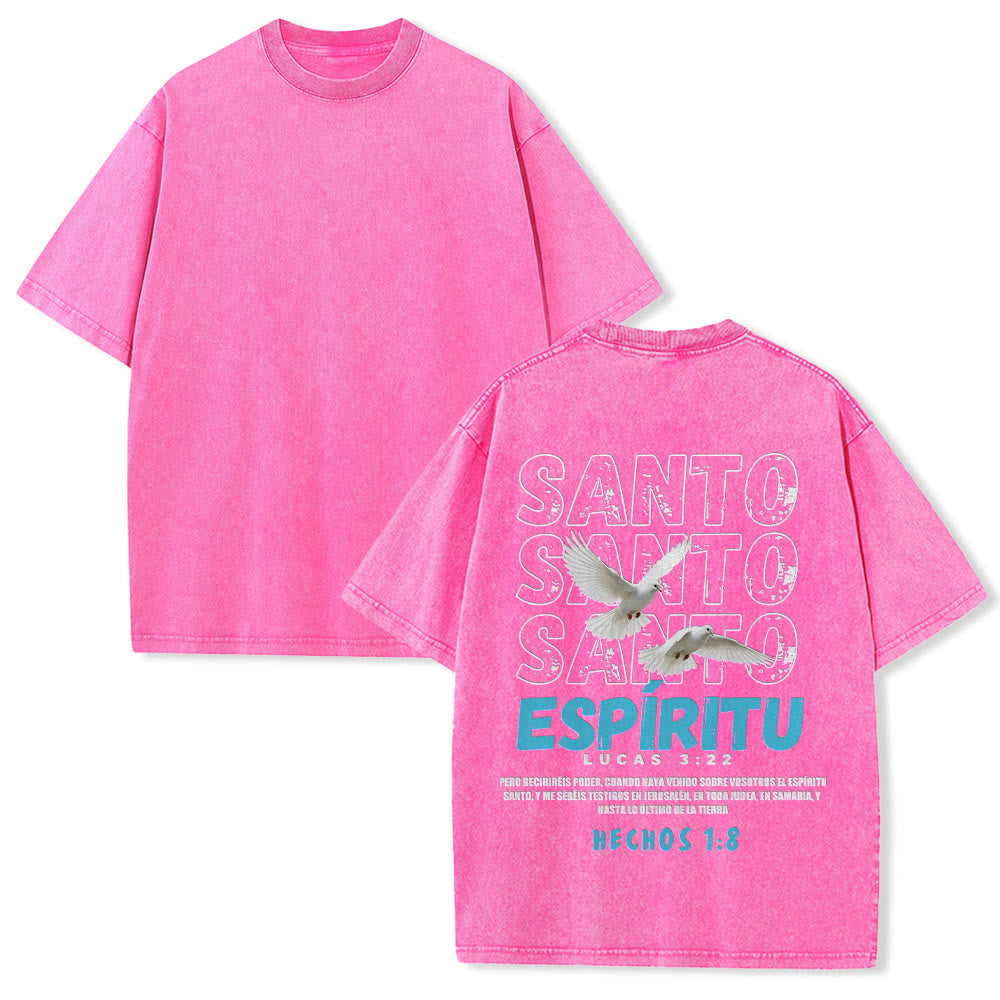 Christianartworkshop Spanish Holy Spirit Slogan Double Dove Distressed Font Back Graphic Washed Unisex T-Shirt