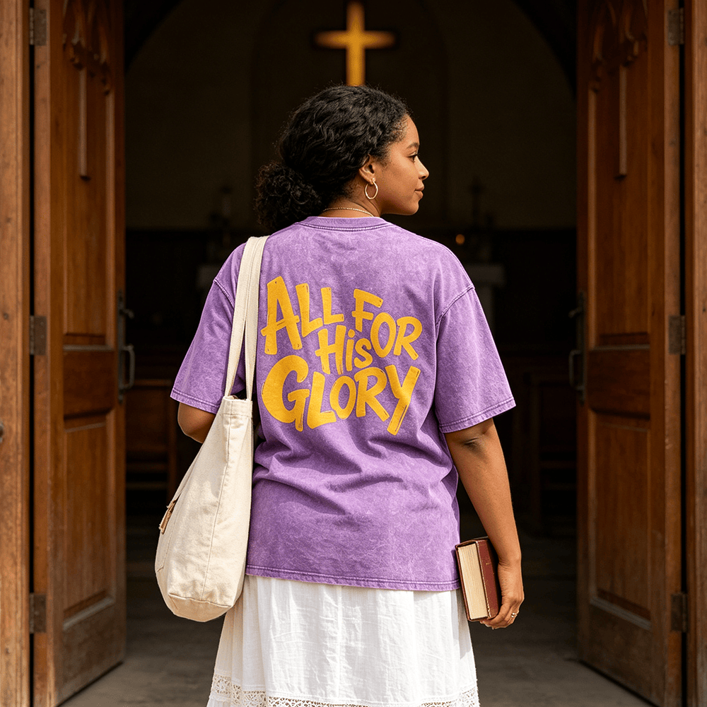 Christianartworkshop All For His Glory Thick Hand Drawn Bubble Font Back Print Vintage Washed Unisex T-Shirt