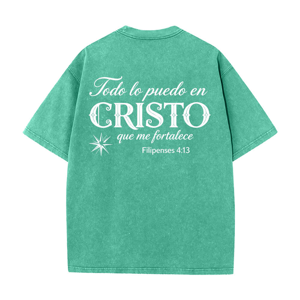 Christianartworkshop Elegant Dual Font Spanish Spiritual Verse Tiny Star Back Washed Unisex T-Shirt