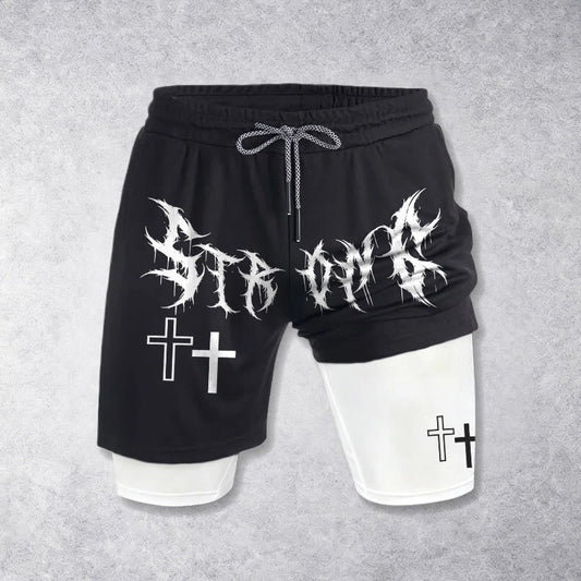 Christianartworkshop Strong Sharp Gothic Font Double Cross Matching Dual Print Drawstring Faith Shorts