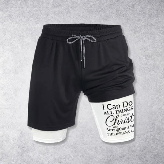 Christianartworkshop Timeless I Can Do All Things Through Christ Full Verse Dual Layer Drawstring Faith Sports Shorts