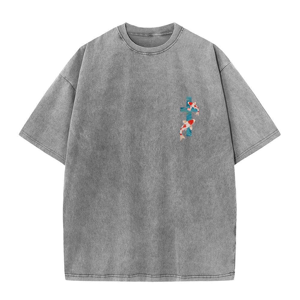 Christianartworkshop Curved Arch Wording Isaiah 43:2 Oriental Koi Floral Arrangement Dual Side Faith Washed Unisex T-Shirt