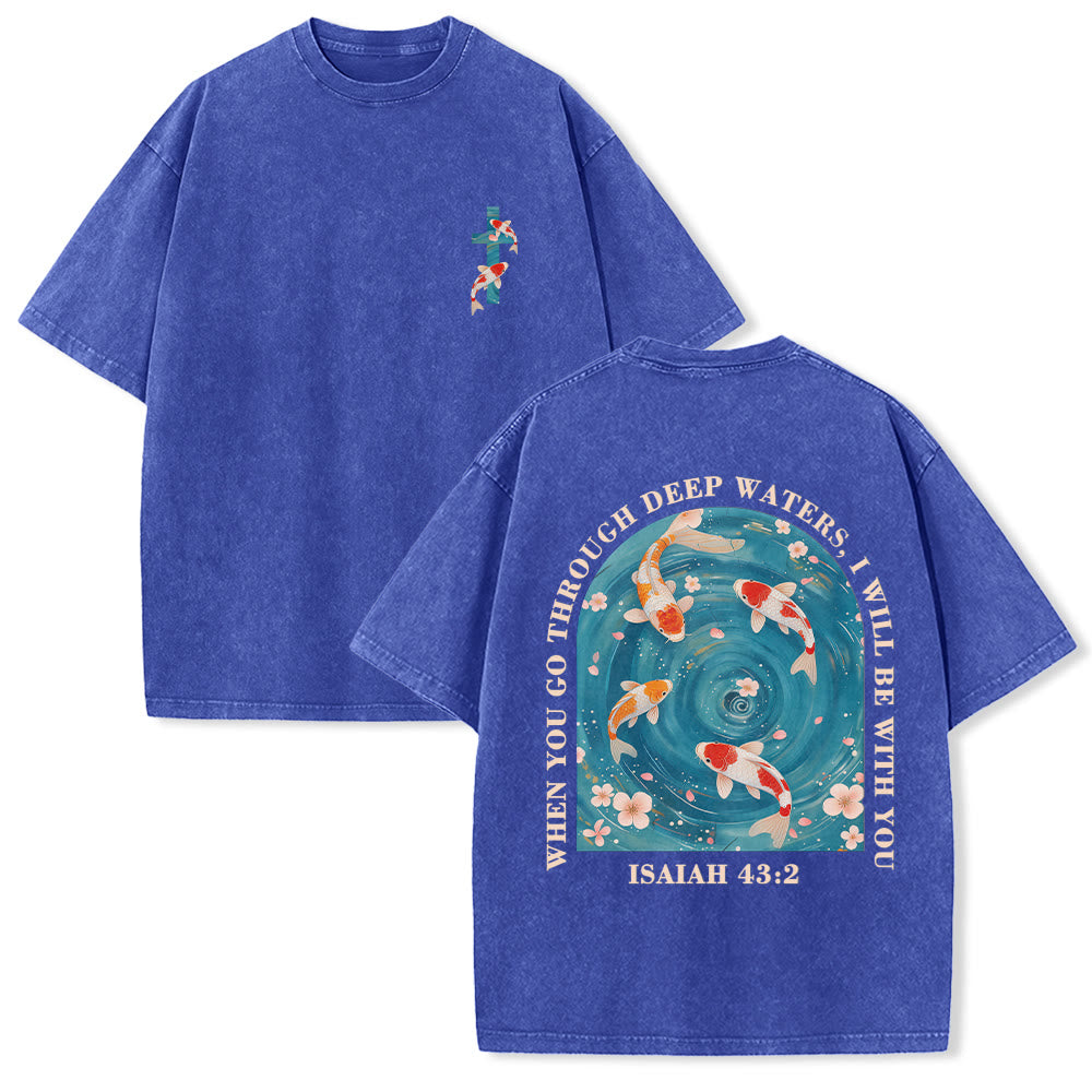 Christianartworkshop Curved Arch Wording Isaiah 43:2 Oriental Koi Floral Arrangement Dual Side Faith Washed Unisex T-Shirt