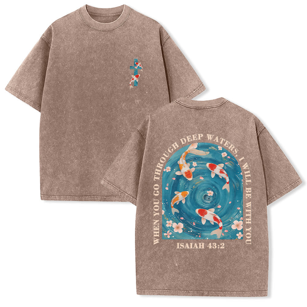 Christianartworkshop Curved Arch Wording Isaiah 43:2 Oriental Koi Floral Arrangement Dual Side Faith Washed Unisex T-Shirt