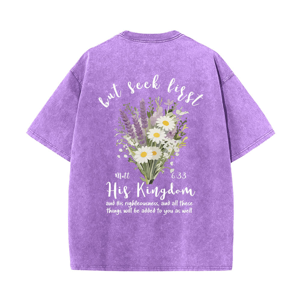 Christianartworkshop Tiny Lavender Daisy Bouquet Large Back Floral Arrangement Inspirational Verse Washed T-Shirt