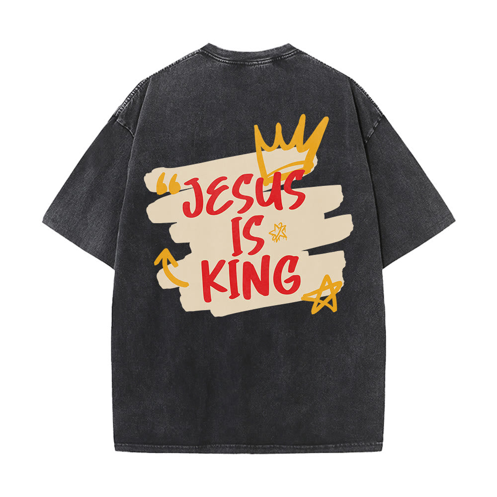 Christianartworkshop Jesus Is King Crown Sketch Cross Left Chest Grunge Splash Back Brush Letter Graphic Vintage Washed Unisex T-Shirt