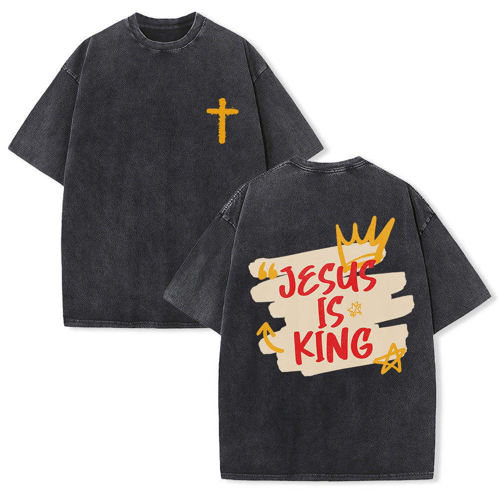 Christianartworkshop Jesus Is King Crown Sketch Cross Left Chest Grunge Splash Back Brush Letter Graphic Vintage Washed Unisex T-Shirt