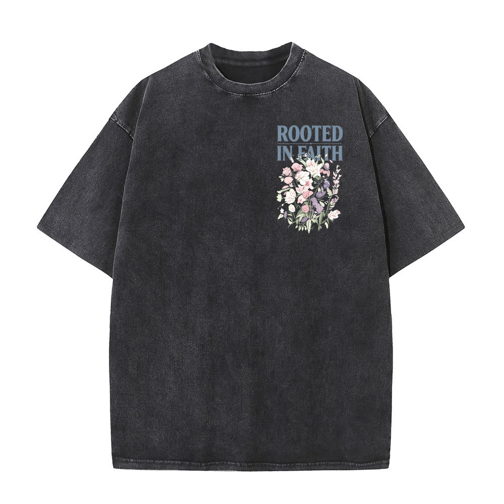 Christianartworkshop Rooted In Faith Block Font Small Floral Front Chest Large Mixed Flower Bouquet Back Dual Print Vintage Washed T-Shirt