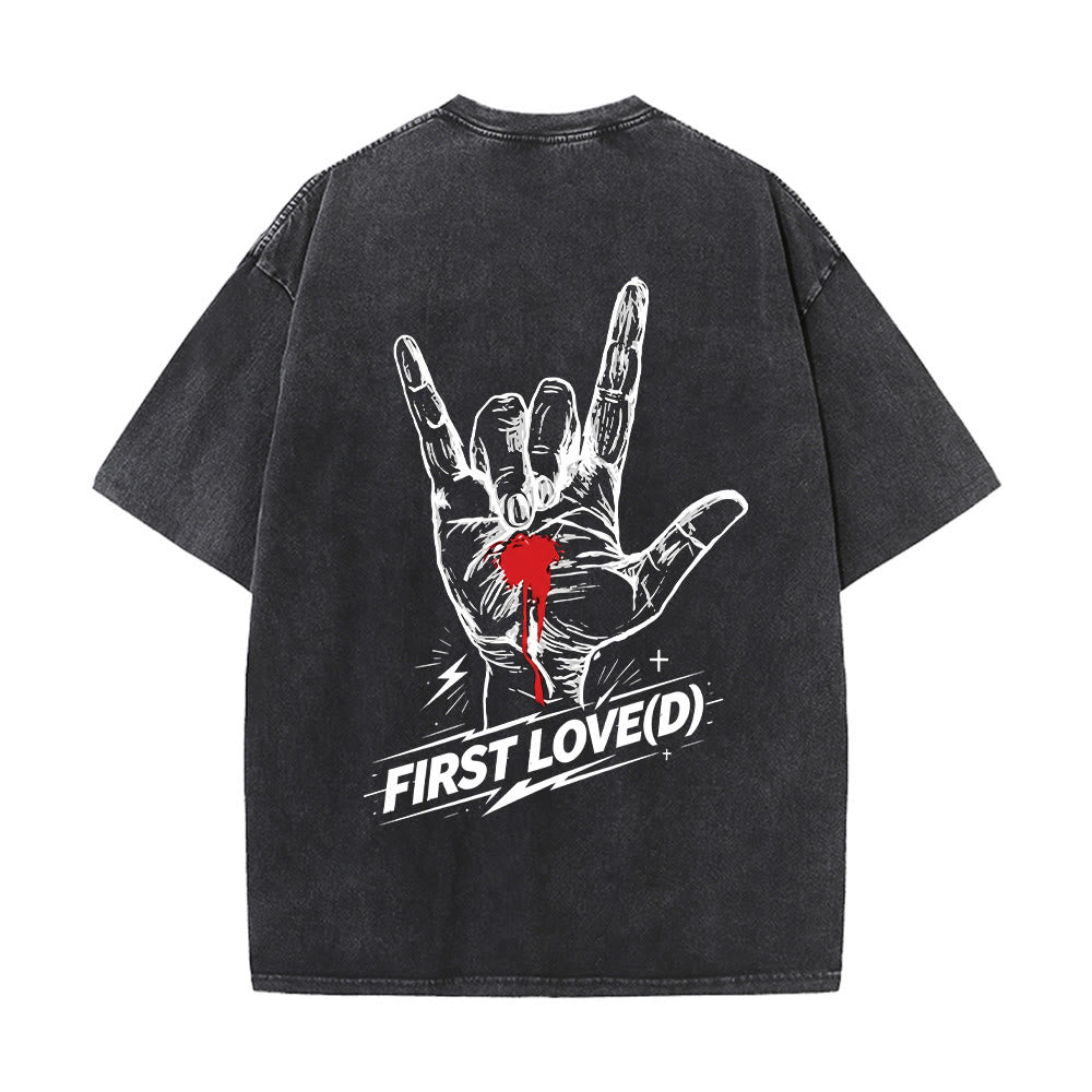Christianartworkshop Grunge Rock Hand Bleeding Heart Graphic Arch Slogan Front Large First Love Letter Back Washed T-Shirt