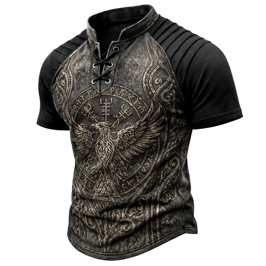 Men's Norse Viking Eagle Print Henley Shirt - Vintage Lace-Up Short Sleeve Tee