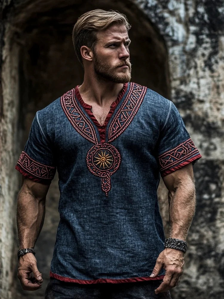 Men's Viking Art Print Pattern Knot Tree Of Life Linen T-shirt