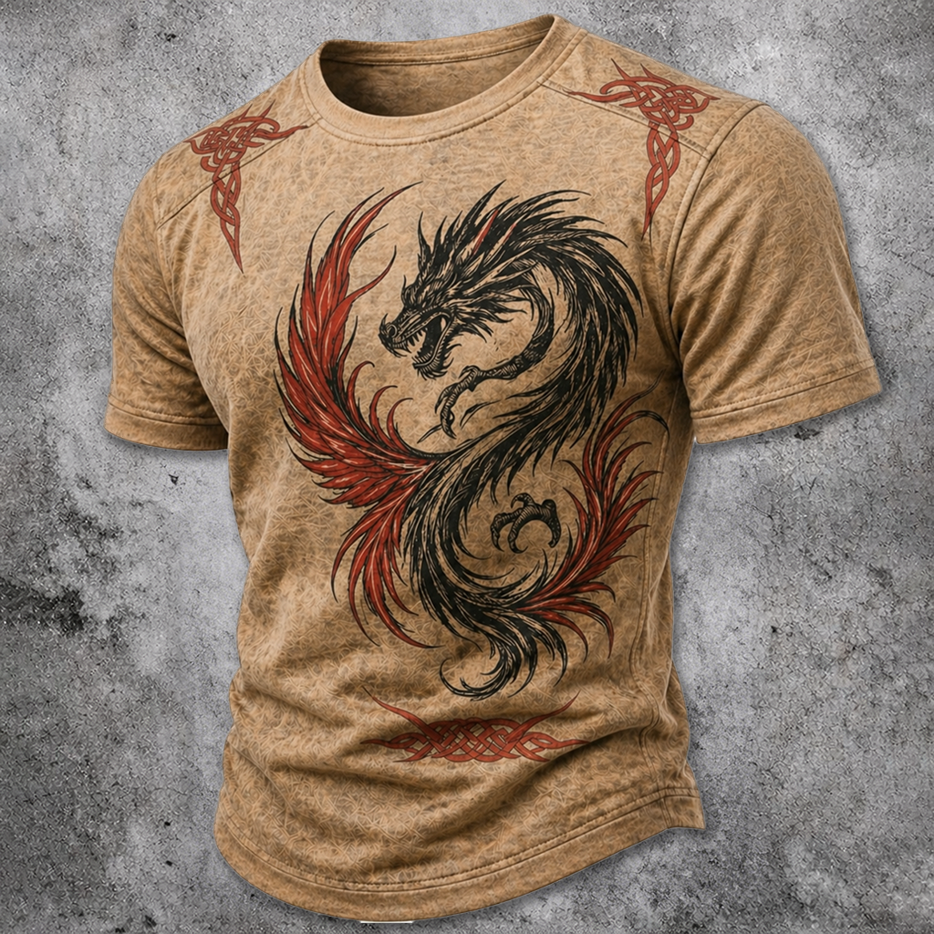 Men's Dragon Graphic Short Sleeve T-Shirt - Mythical Creature Print Crew Neck