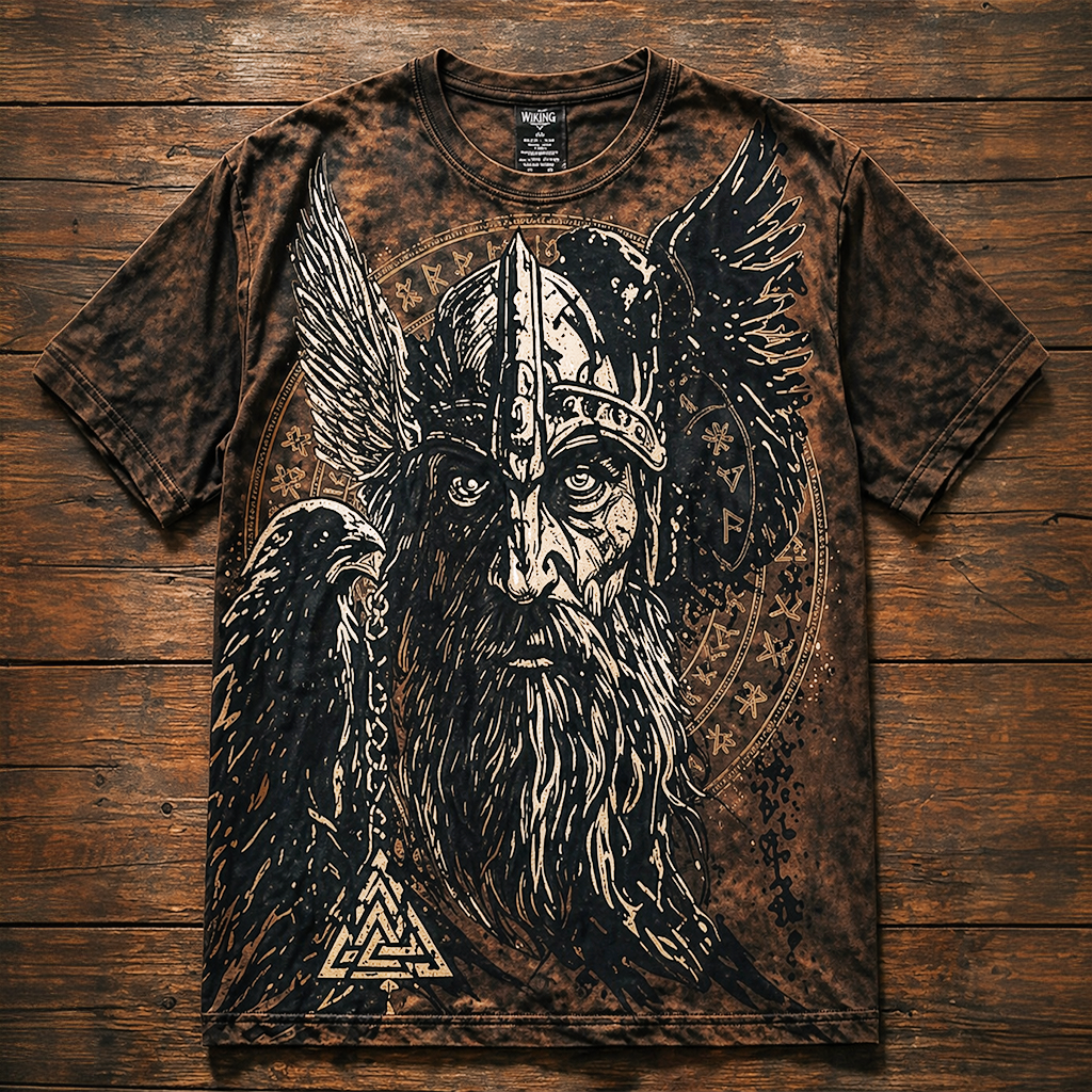 Men's Viking Graphic Print T-Shirt - Distressed Brown Wash Short Sleeve Grunge Tee