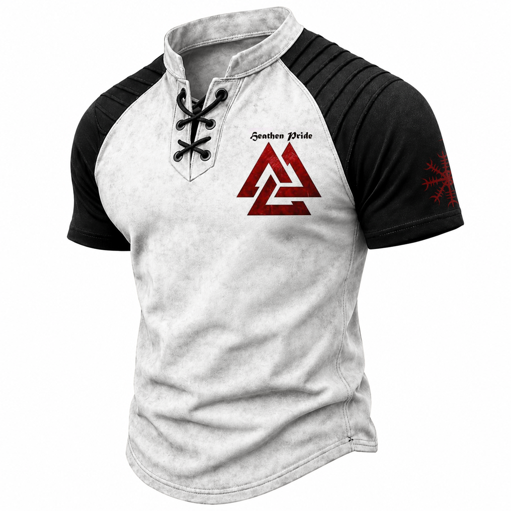 Men's Lace-Up Henley T-Shirt - Norse Graphic Two-Tone Short Sleeve Tee
