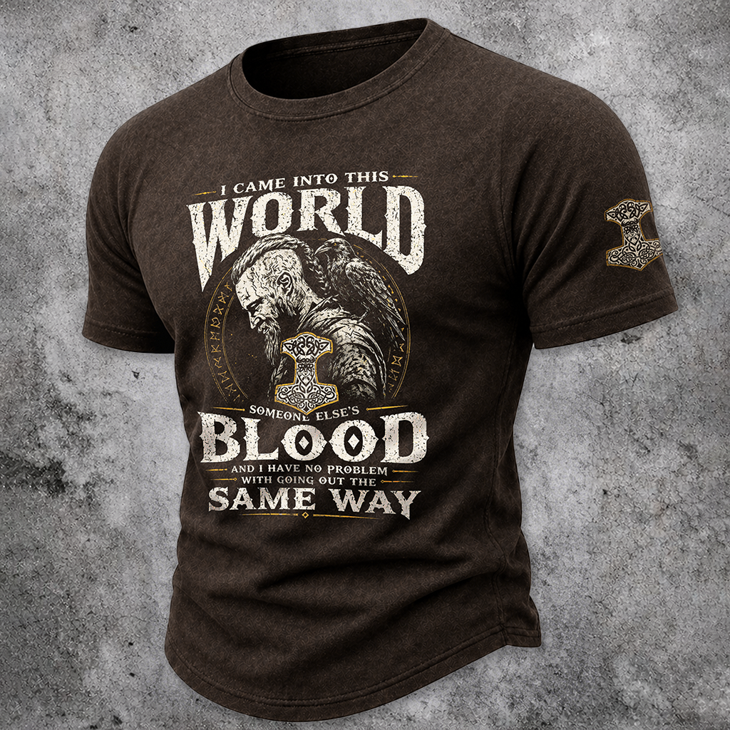 Men's Viking Warrior Mjolnir Graphic T-Shirt - Vintage Brown Short Sleeve Quote Tee