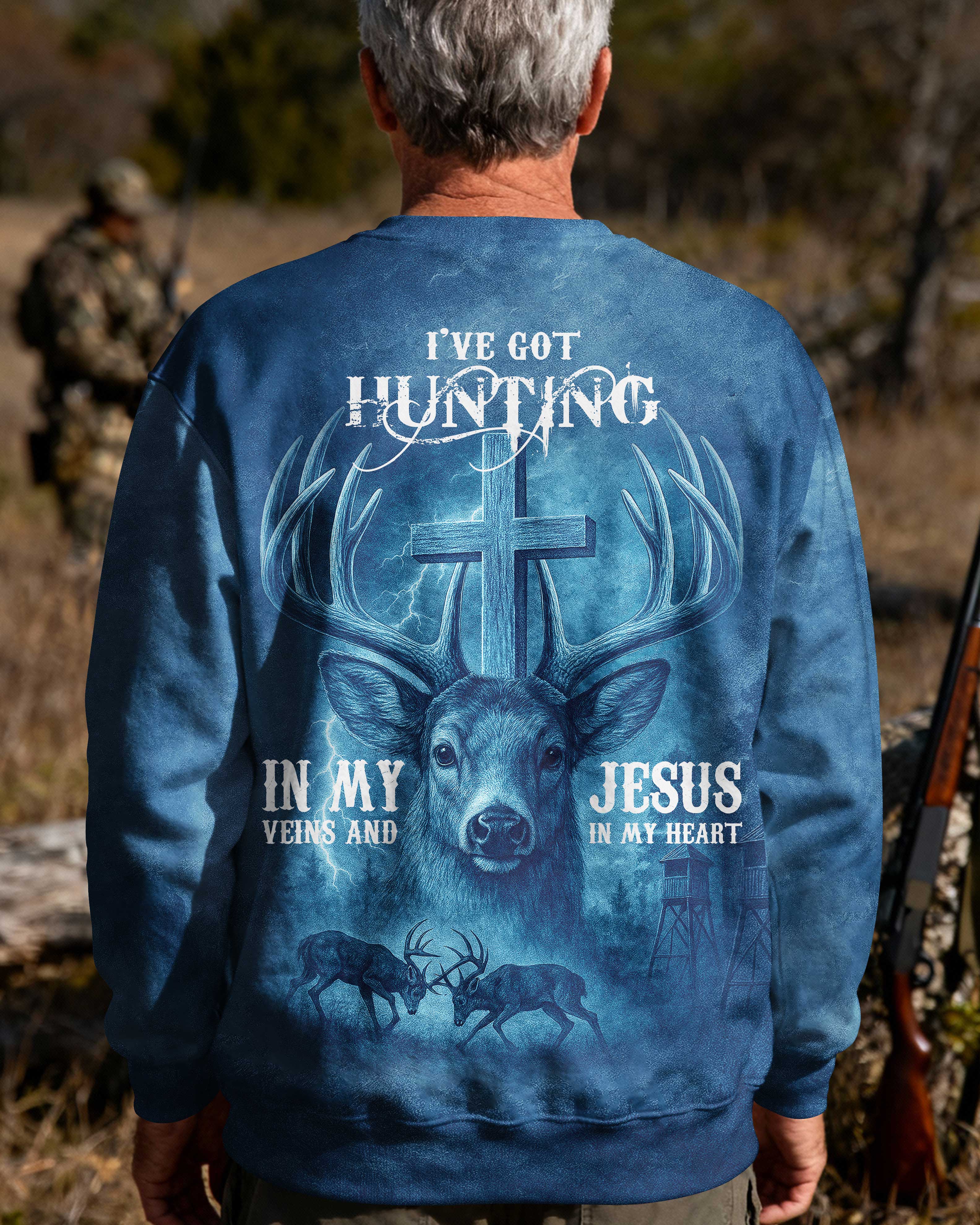 I've Got Hunting In My Veins And Jesus In My Heart Blue T-Shirt