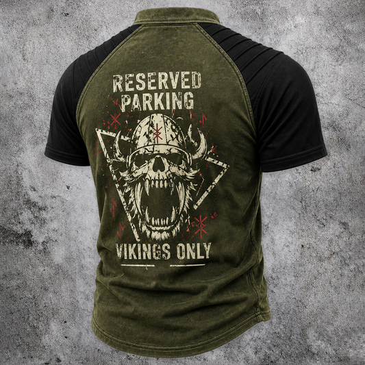 Men's Viking Skull Graphic Lace-Up Henley T-Shirt - Distressed Raglan Short Sleeve Tee