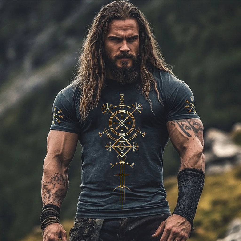 Men's Gold Viking Symbol Print Vintage Short Sleeve T-shirt
