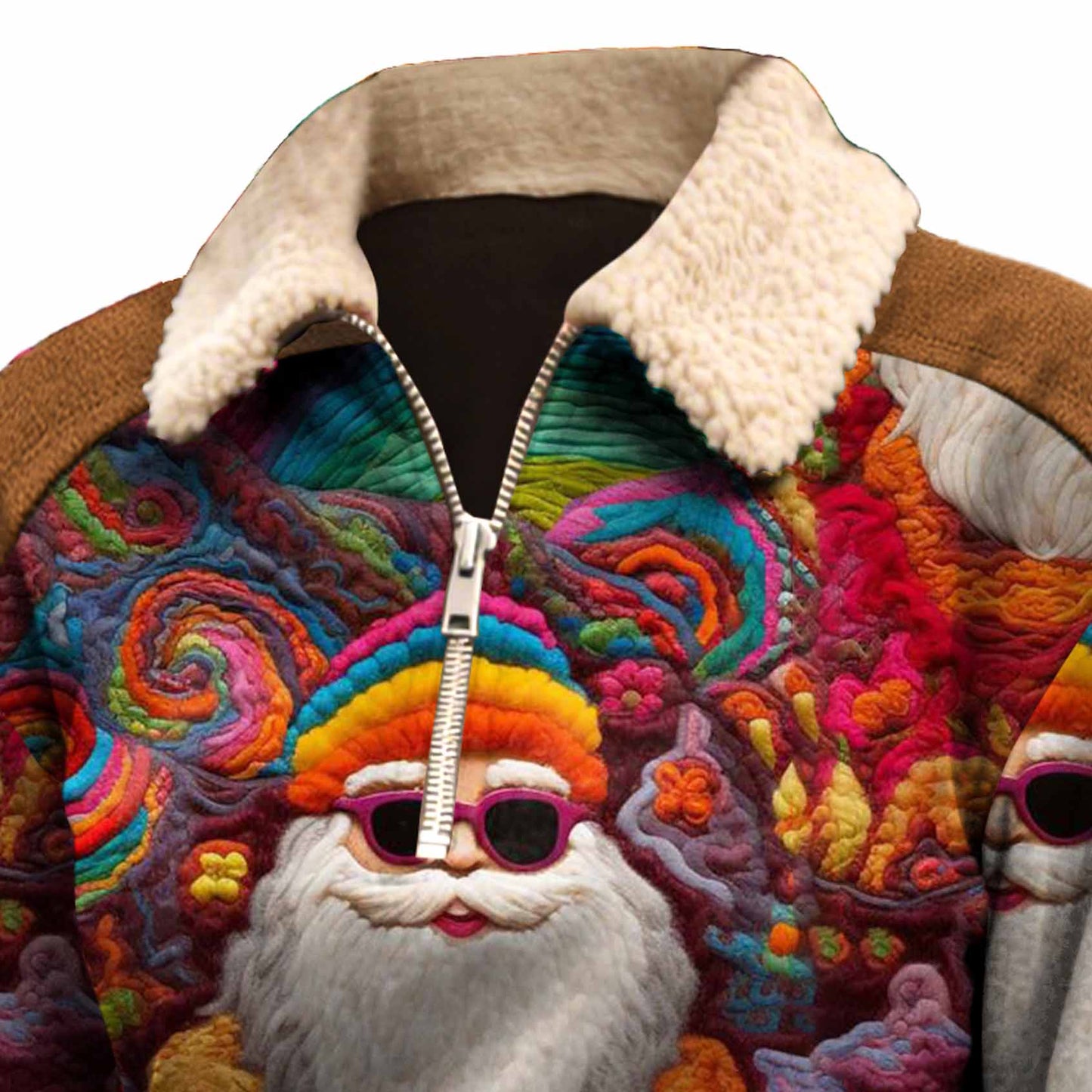 Women's Vintage Santa Groovy Hippie Print Pocket Quarter-Zip Fleece Lapel Ugly Christmas Sweatshirt