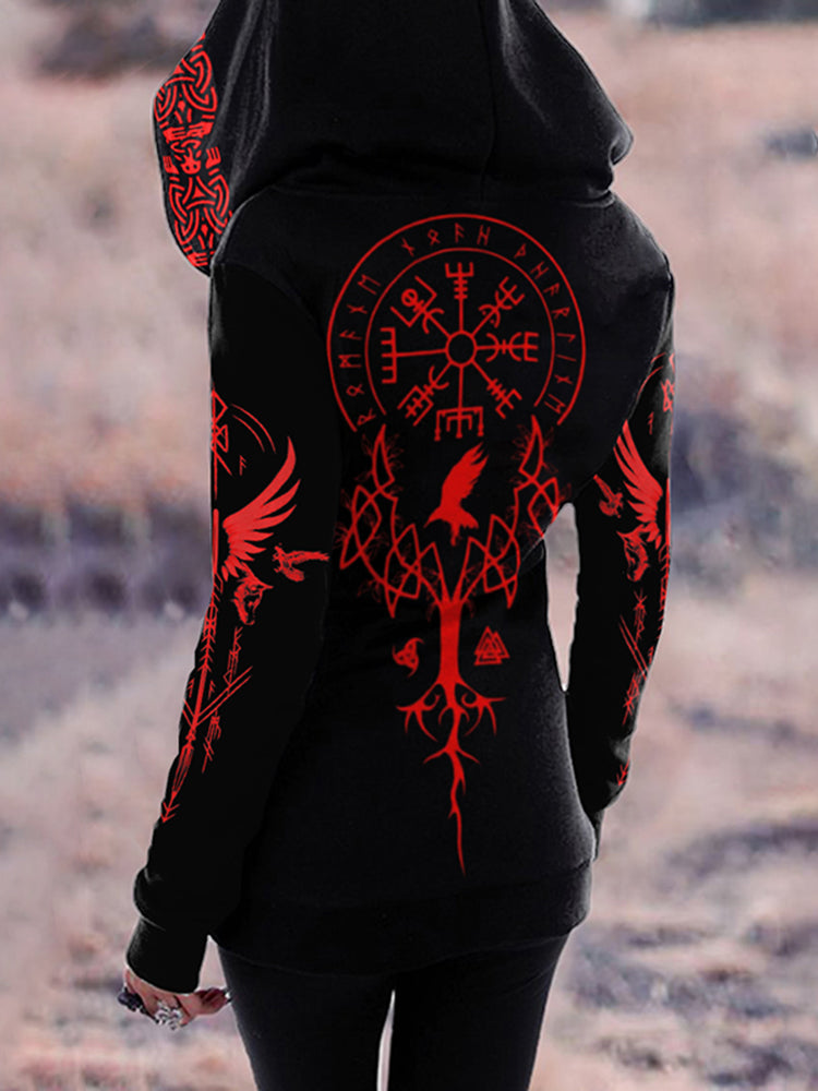 Tribal Viking Totem Contrast Print Zipper Hoodie
