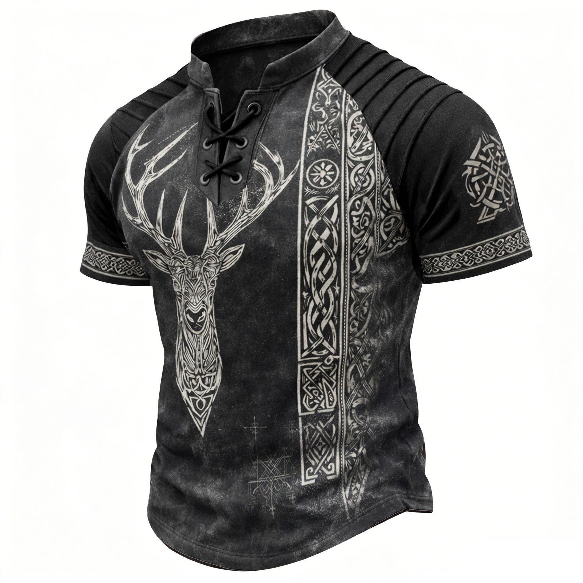 Men's Viking Deer Head Print Henley T-Shirt - Vintage Lace-Up Short Sleeve Top
