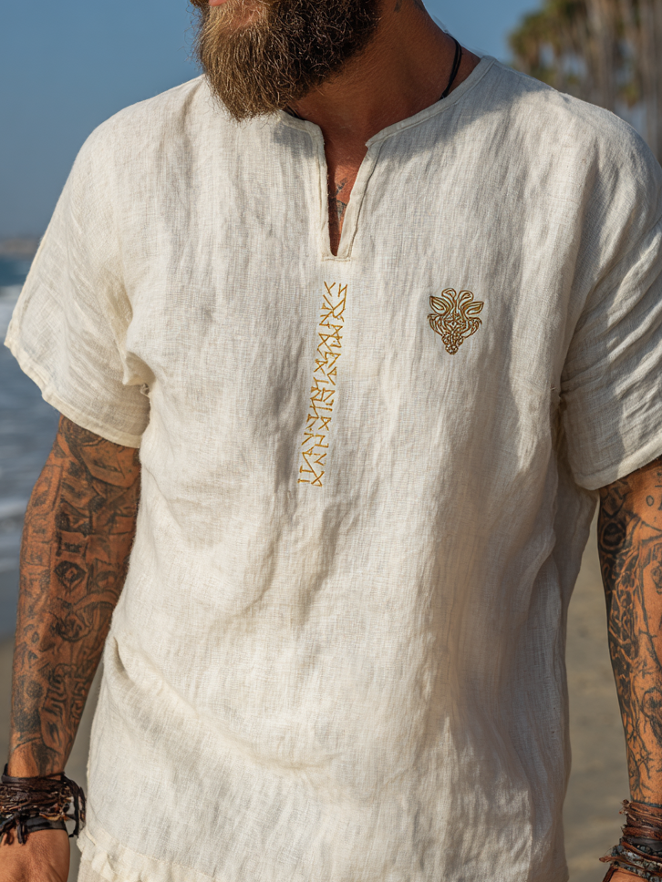 Men's Vintage Viking Distressed Runes Design Linen Shirt