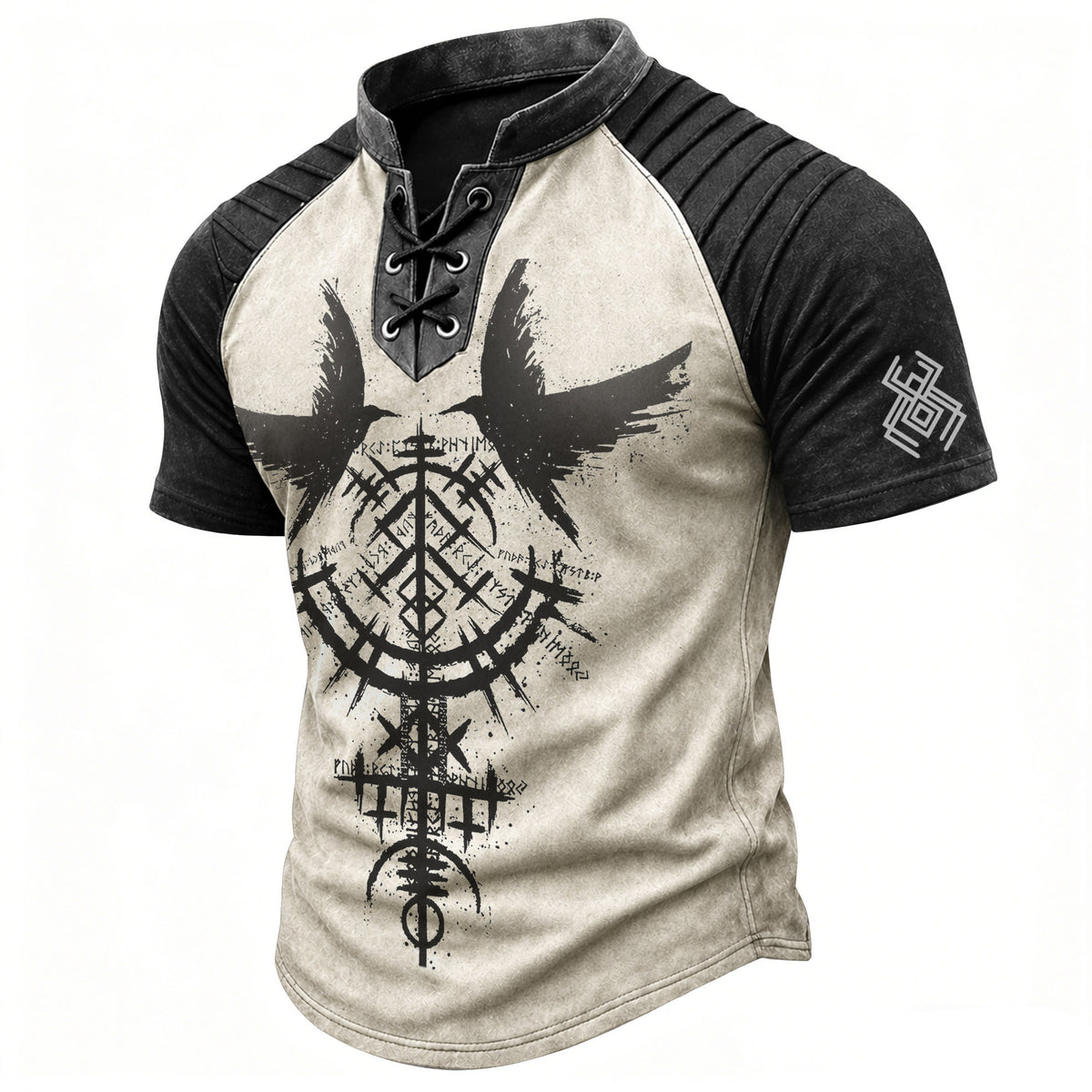 Men's Vintage Viking Norse Graphic Henley T-Shirt - Laced V-Neck Short Sleeve Top