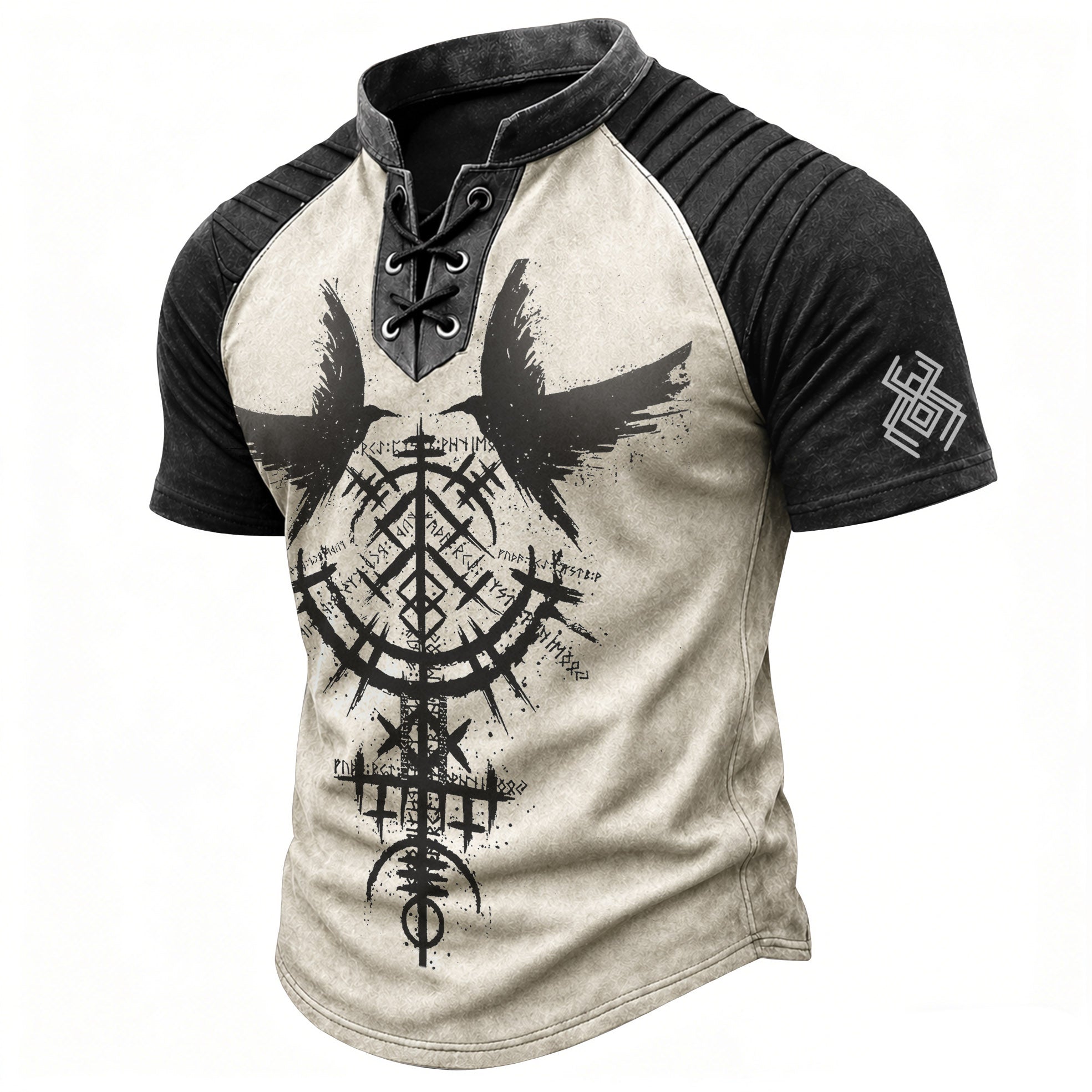 Men's Vintage Viking Norse Graphic Henley T-Shirt - Laced V-Neck Short Sleeve Top