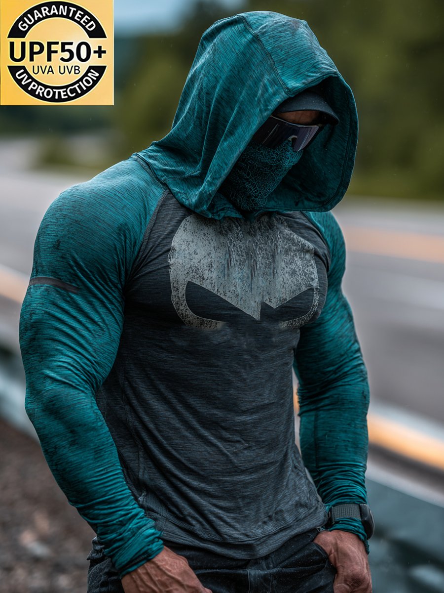 Men's Retro Skull Outdoor Sun Protection Breathable Cooling Mask Hooded Sun Protection Long Sleeve Top