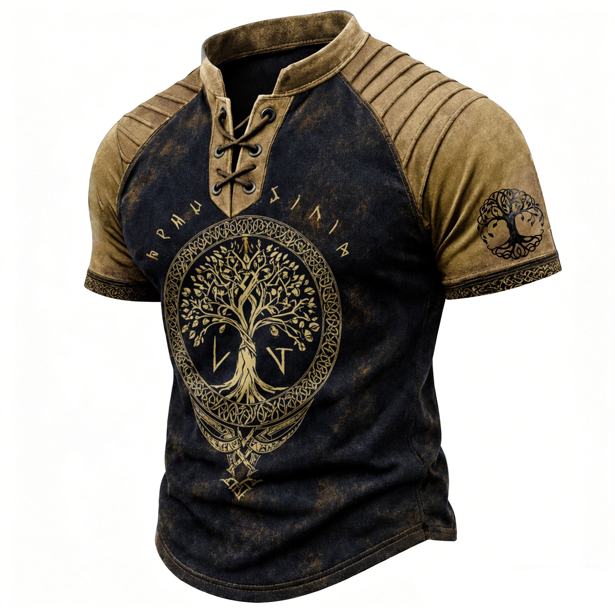 Men's Tree of Life Print Short Sleeve Henley T-Shirt - Viking Distressed Casual Top