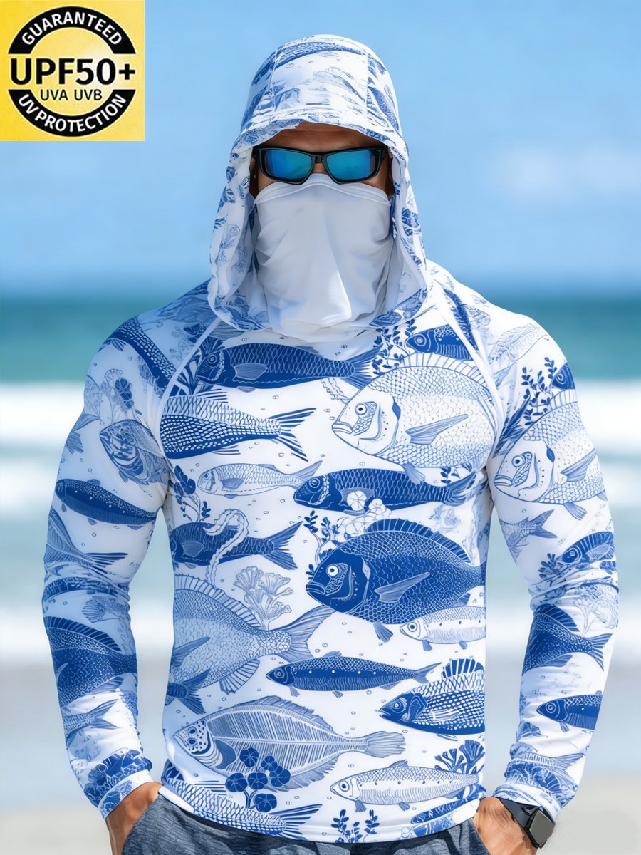 Men's Outdoor Sun Protection Breathable Cool Face Mask Hooded Printed Long-Sleeved Top
