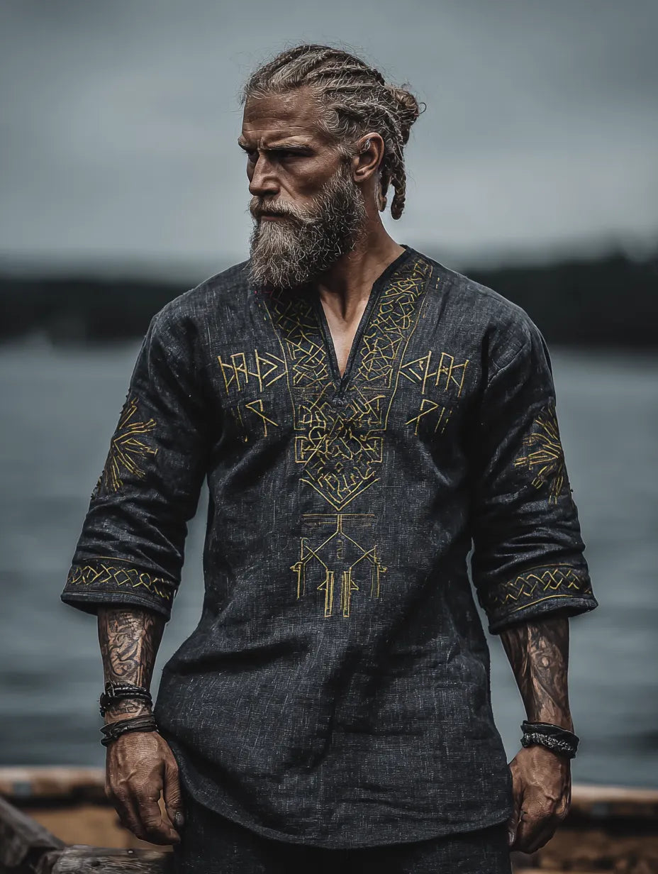 Men's Viking Occult Style Vintage Golden Rune Totem Long-Sleeve Linen T-shirt