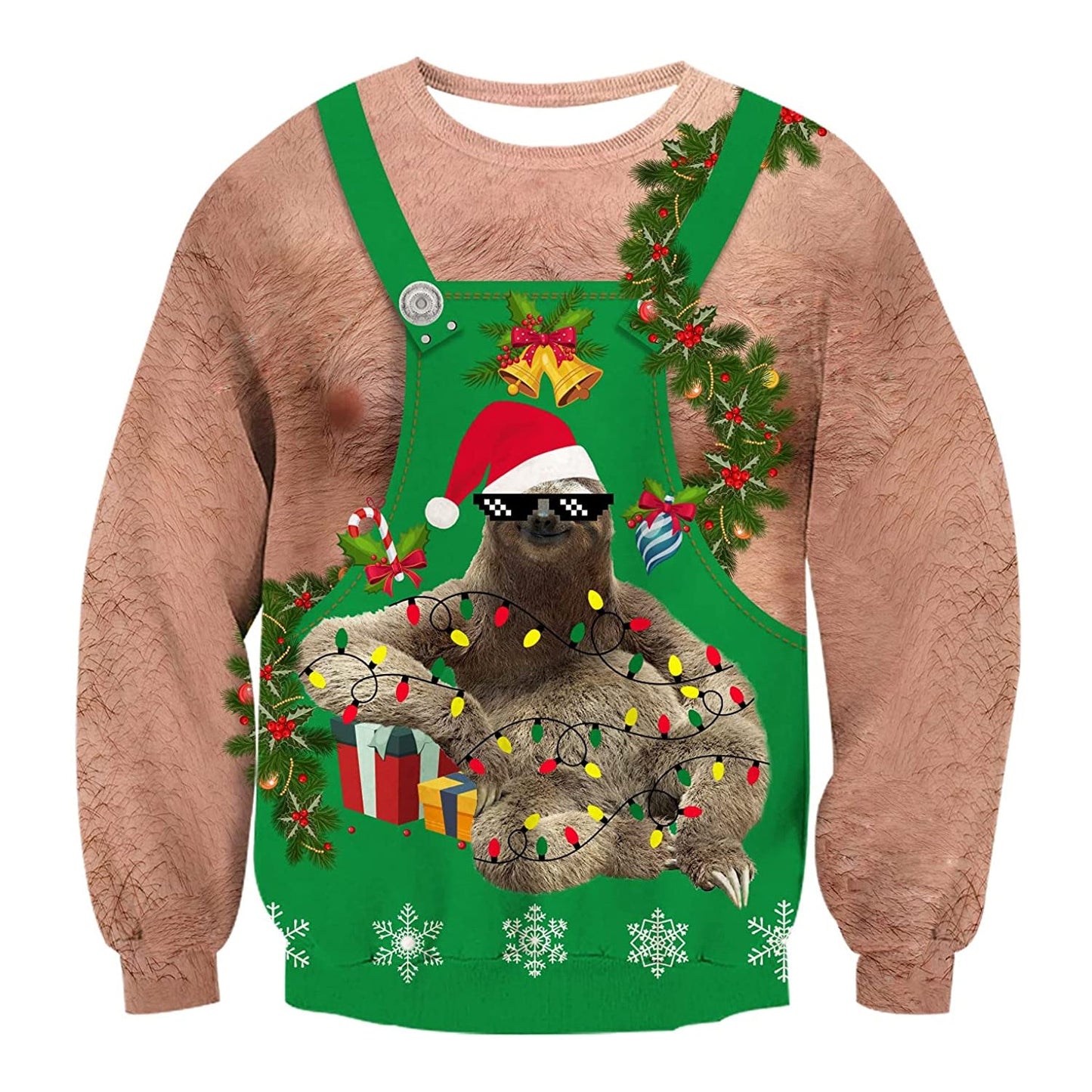 Unisex Hairy Chest Sloth Print Crew Neck Ugly Christmas Sweatshirt