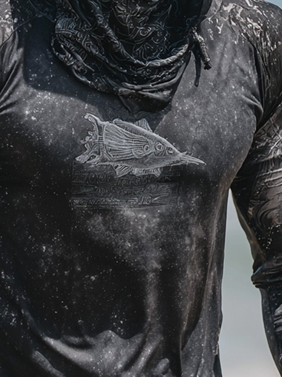 Men's Outdoor Sun Protection Breathable Cool Face Mask Hooded Printed Long-Sleeved Top