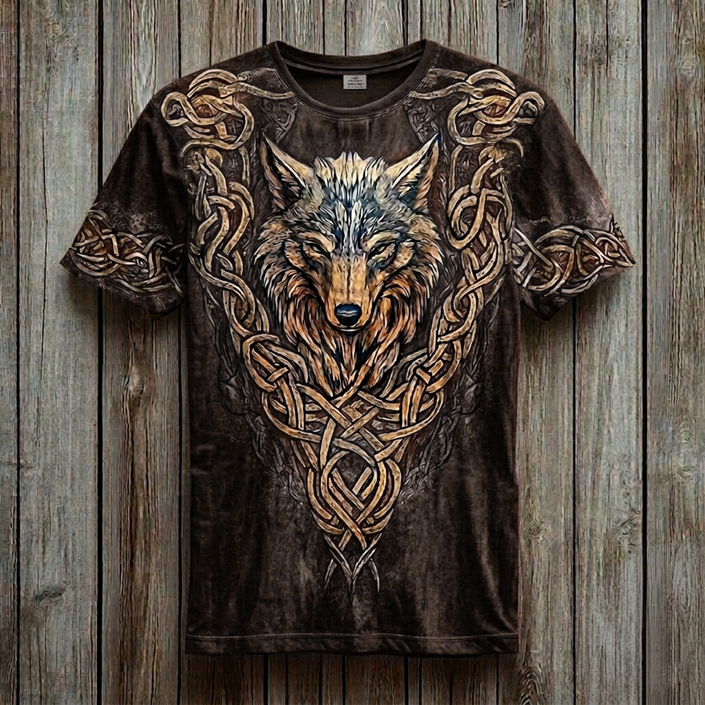 Men's Viking Fenrir Wolf Totem Knot Vintage 3D Print T-shirt