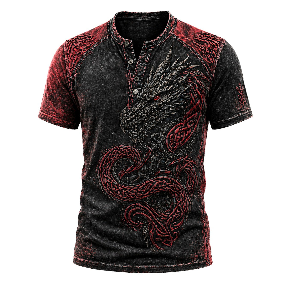 Men's Dragon Graphic Henley T-Shirt - Vintage Distressed Red & Black Short Sleeve Top