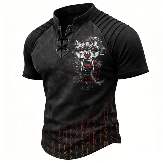 Men's Gothic Wolf & Rune Print Short Sleeve T-Shirt - Lace-Up Neck Pleated Shoulders