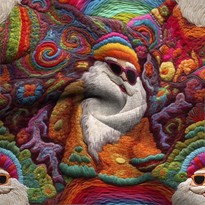 Women's Vintage Santa Groovy Hippie Print Pocket Quarter-Zip Fleece Lapel Ugly Christmas Sweatshirt