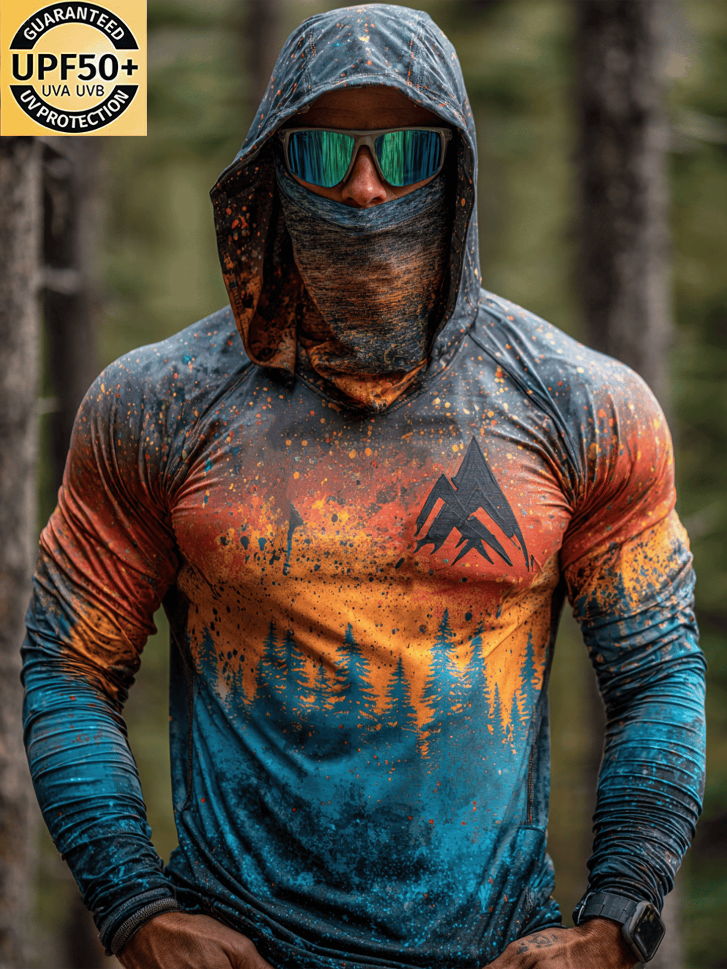 Men's Mountain Sunrise Print UV Protection Shirt with Built-in Mask