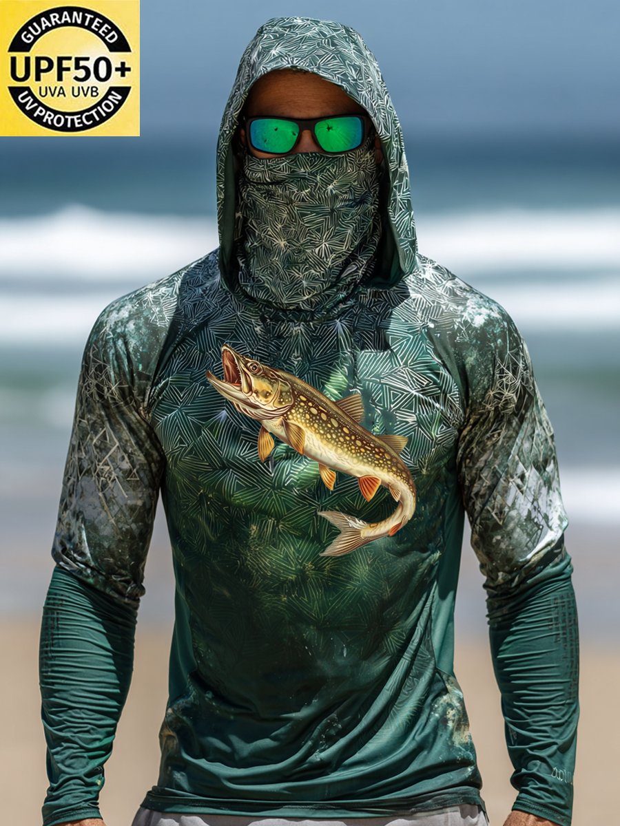 Men's Outdoor Sun Protection Breathable Cool Face Mask Hooded Printed Long-Sleeved Top